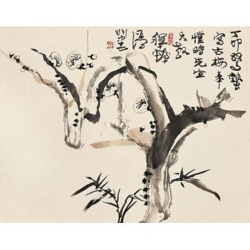 程十发丁卯（1987）年作古梅册页片设色纸本