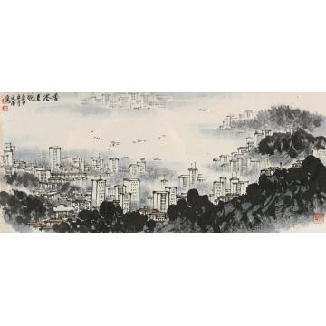 宋文治1980年作香港远眺镜框设色纸本
