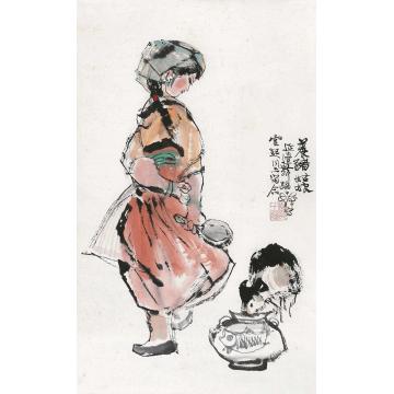 程十发养猪姑娘立轴设色纸本