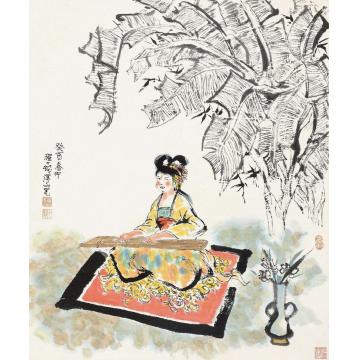 程十发癸酉（1993）年作蕉下抚琴立轴设色纸本