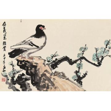 蒋兆和庚申（1980）年作鸽子梅花镜片设色纸本