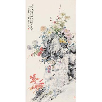 丁宝书甲戌（1934）年作篱角鸡鸣立轴设色纸本