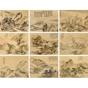 顾麟士山水三挖四屏（选三）设色纸本