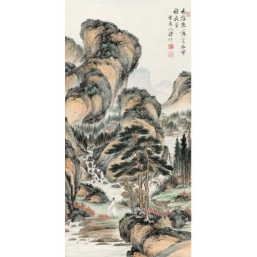 溥伒秋山柱杖图立轴设色纸本