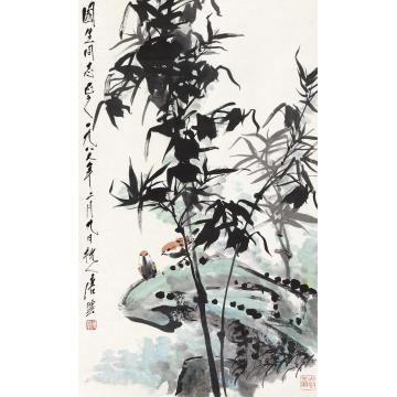 唐云1987年作竹雀图立轴设色纸本