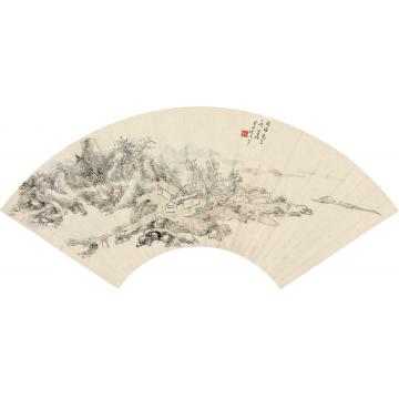 黄宾虹癸未（1943）年作溪桥远浦扇片设色纸本