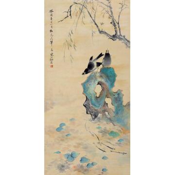 江寒汀癸酉（1933）年作禽鸟捕鱼立轴设色纸本