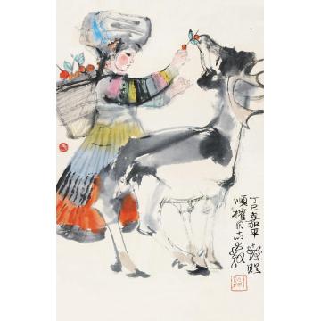 程十发丁巳（1977）年作哺鹿少女立轴设色纸本