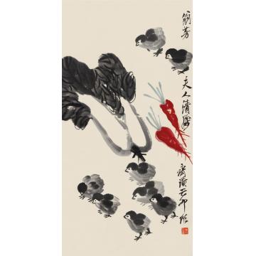 齐白石己卯（1939）年作蔬菜小鸡立轴设色纸本