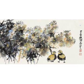 程十发甲子（1984）年作野菊雏鸡镜片设色纸本