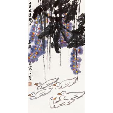 崔子范紫藤鸭趣图立轴纸本