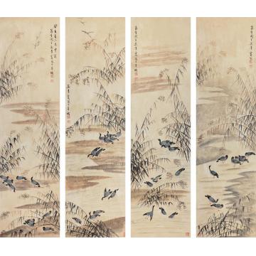 吴青霞芦雁图四条屏镜片纸本