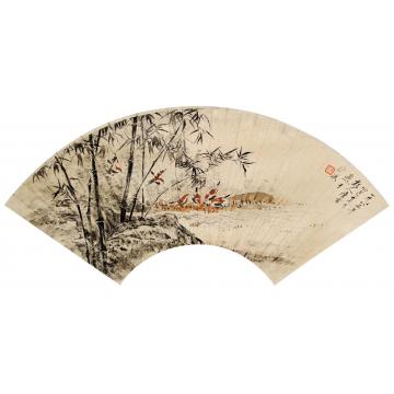 唐云竹雀扇面