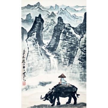 李可染1984年作骑牛赏山图立轴设色水墨纸本