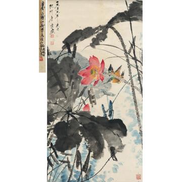 唐云1959年作红荷翠鸟图立轴设色纸本