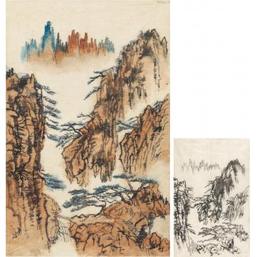 刘海粟黄山千峰图（二帧）画心设色纸本·水墨纸本