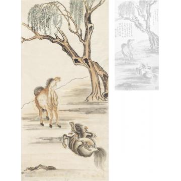 刘海粟柳荫双骏图画心设色纸本