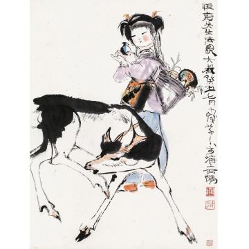 程十发癸丑（1973）年作少女与鹿立轴设色纸本