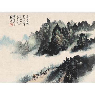 黎雄才1956年作云山行旅图镜片设色纸本