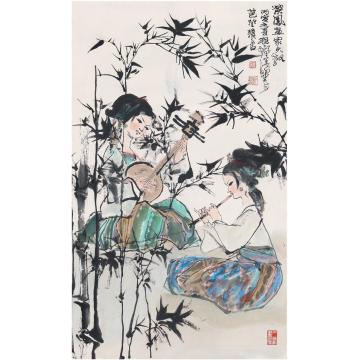 程十发奏乐仕女图镜片设色纸本