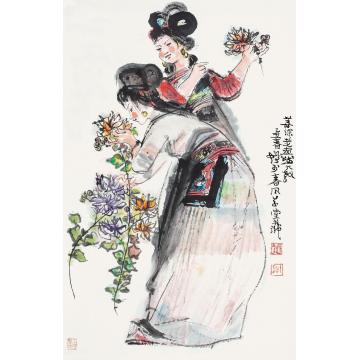 程十发乙丑（1985）年作采花图镜片设色纸本