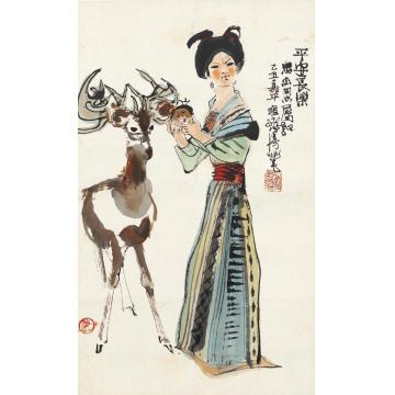 程十发1985年作少女与鹿镜片设色纸本