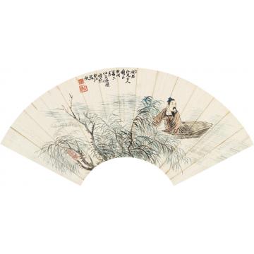 任伯年1874年作泛舟图镜框纸本扇片