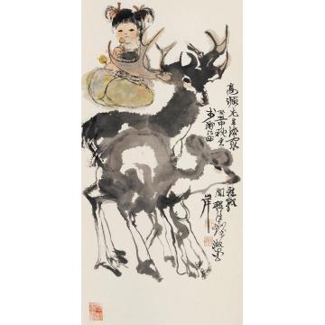 程十发少女与鹿立轴纸本