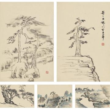 张充和仿八大山人、石涛等画松（五帧）画心水墨设色纸本