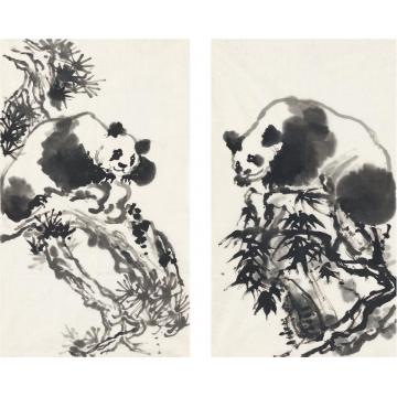 刘海粟松竹熊猫图二种（二帧）画心水墨纸本
