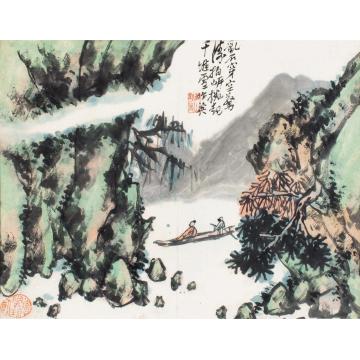 蒲华峡江泛舟镜框设色纸本