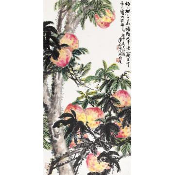 陆抑非庚申（1980）年作寿桃图镜片设色纸本