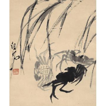 齐白石墨蟹镜片水墨纸本