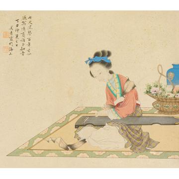 吴青霞仕女抚琴图镜片纸本