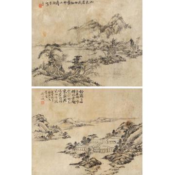 钱维城1758年作初晴图禅林景趣图镜框设色纸本