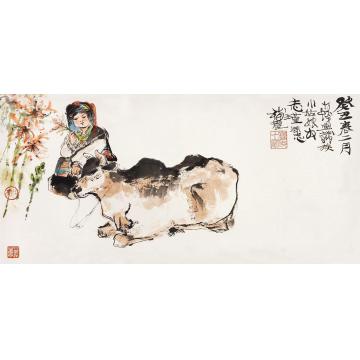 程十发牧牛图镜片设色纸本