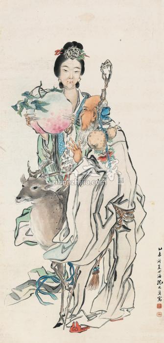 沈心海乙未（1895）年作麻姑献寿镜片设色纸本字画之家