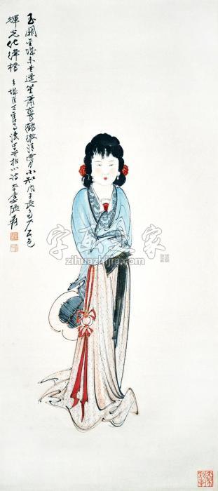 张大千少女情怀总是诗立轴设色水墨纸本字画之家