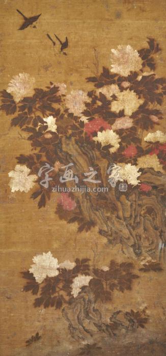 无款（17/18世纪）牡丹喜鹊图木框设色绢本字画之家