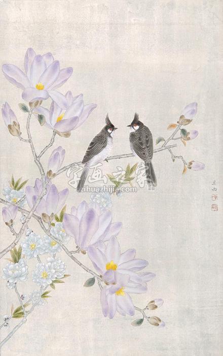 陈贝西对语镜心设色纸本字画之家