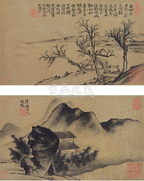 石涛山水人物（二帧）镜片纸本字画之家