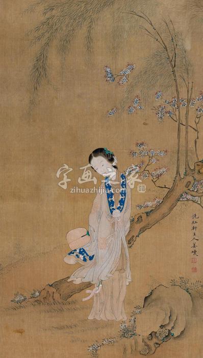 姜埙执扇仕女镜片设色绢本字画之家