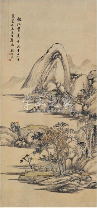 钱松1858年作仿江贯道山水镜片设色纸本字画之家