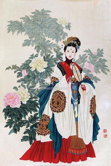 王美芳赵国经牡丹贵妇图镜片设色绢本字画之家