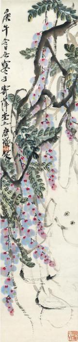 齐白石1930年作藤萝蜂戏图立轴设色纸本字画之家