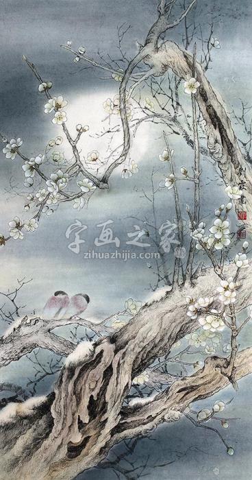 刘霞梅花双鸟立轴设色纸本字画之家