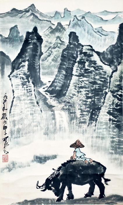李可染1984年作骑牛赏山图立轴设色水墨纸本字画之家
