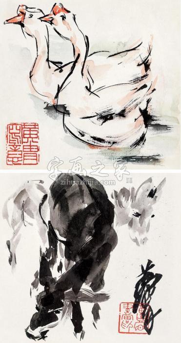 黄胄双鹅驴（二幅）镜片设色纸本字画之家