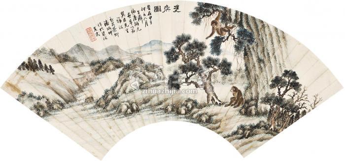 潘炳坤1924年作双猴图扇片设色纸本字画之家