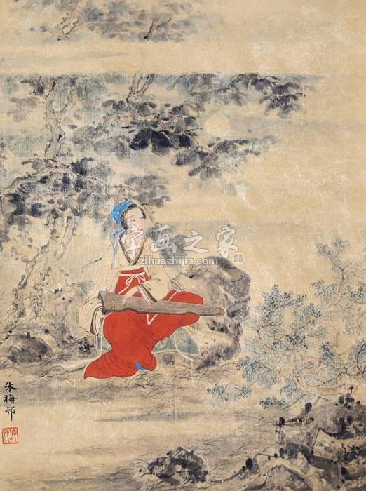 朱梅邨抚琴仕女镜片纸本字画之家